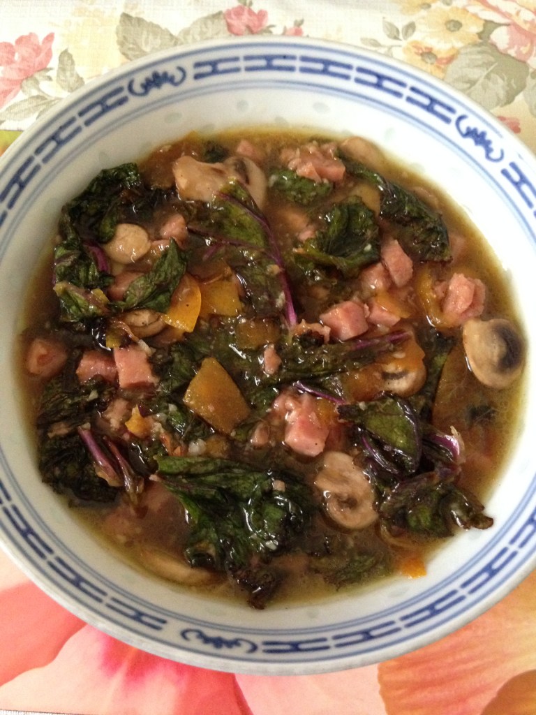 Red Kale stir fry w kumquart and appricot amerato jam