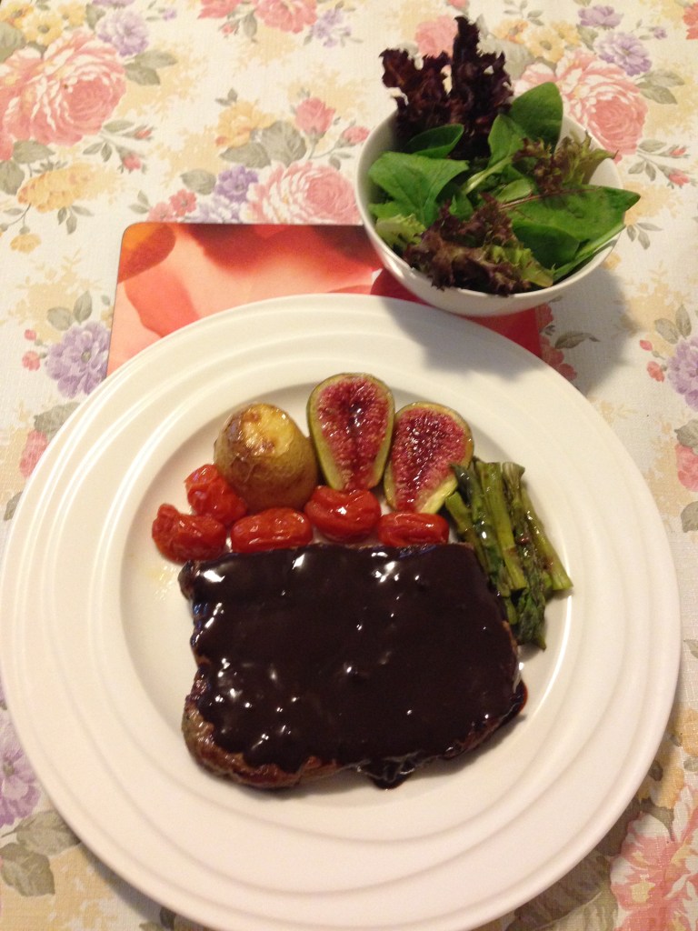 Porterhouse steak,salads vegs in chocolate sauce