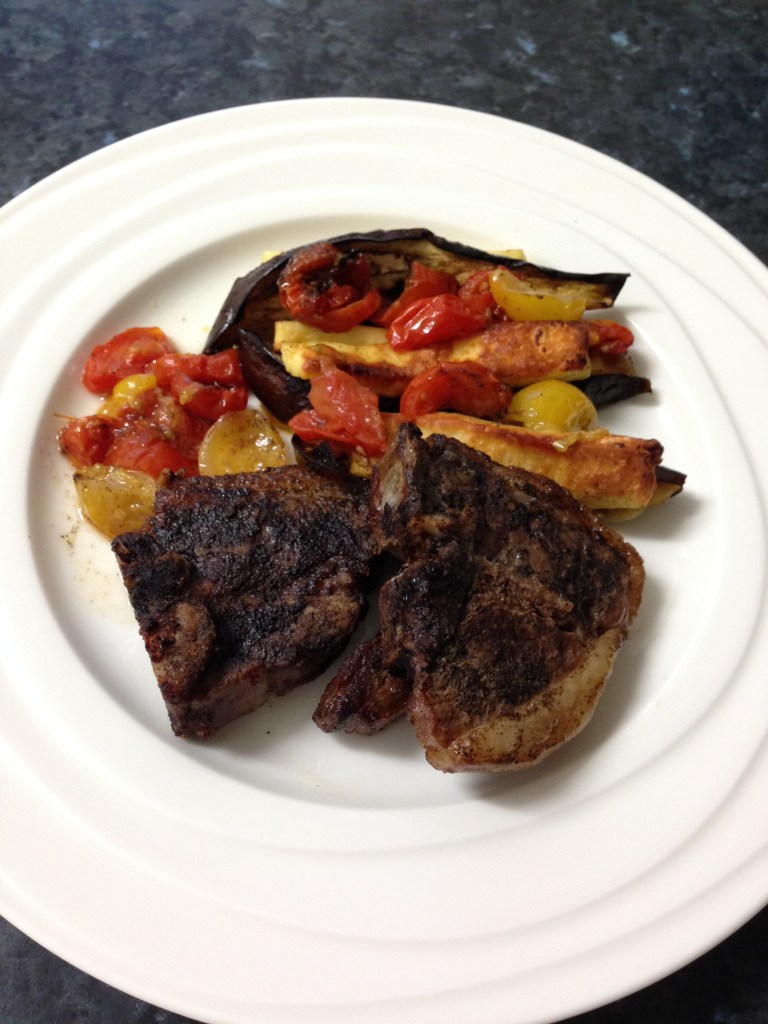 Lamb with roasted eggplant cheese and cherries tomatoes.JPG