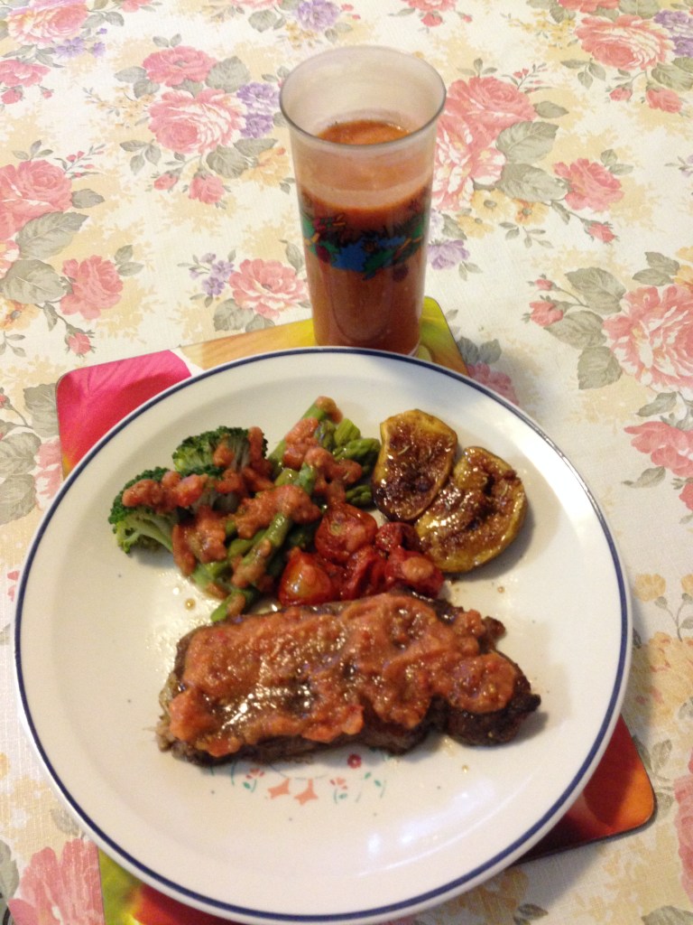 Porterhouse with roasted cherries figs and boiled vegs served with cherries and figs magarita.JPG