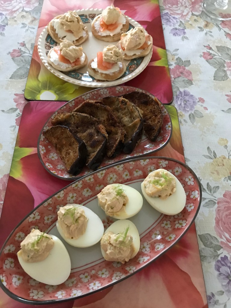mini pancake with cheese cream salmon, eggplant panko and devilled eggs.JPG