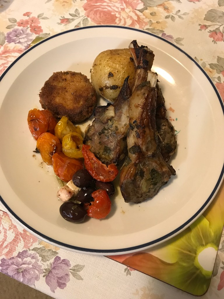 Rack of lamb panko eggplant potatoes cherries olives feta and sundries capsicum .JPG