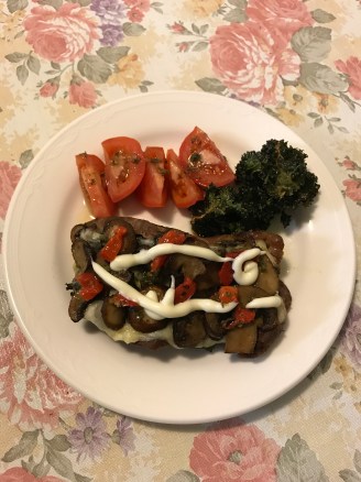 Pork scotch fillet open sandwich with kale chips and tomatoes.jpg