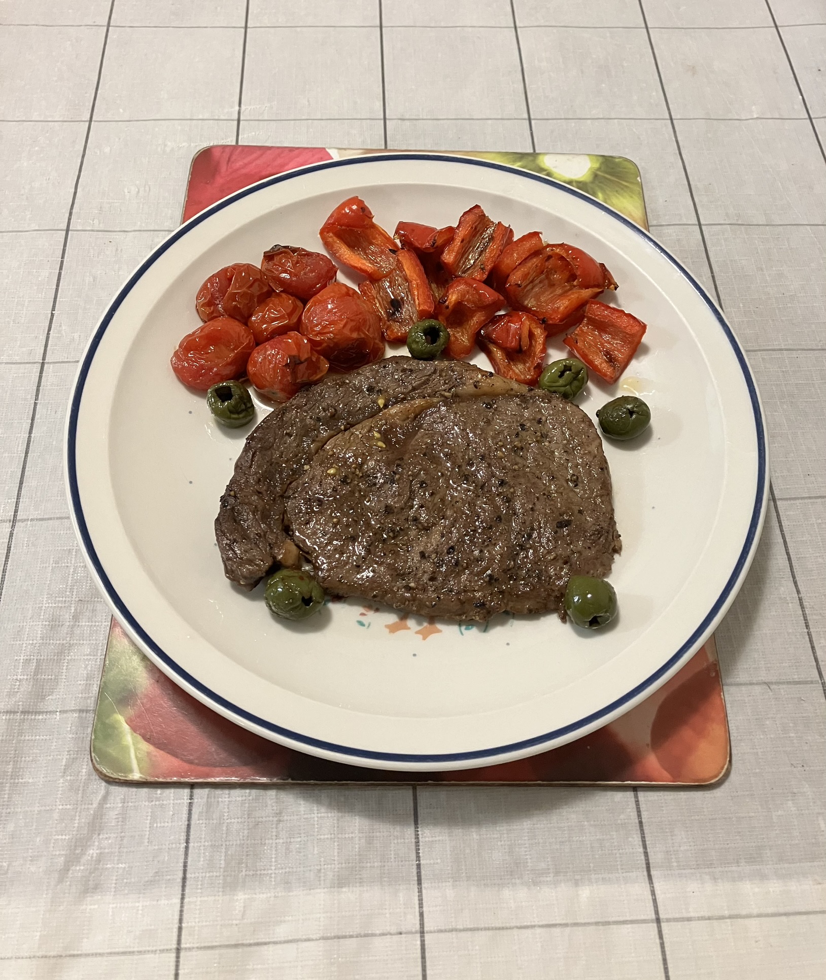 Peppered Rump Black pepper rump with roasted capsicums, green olives, and cherry ...