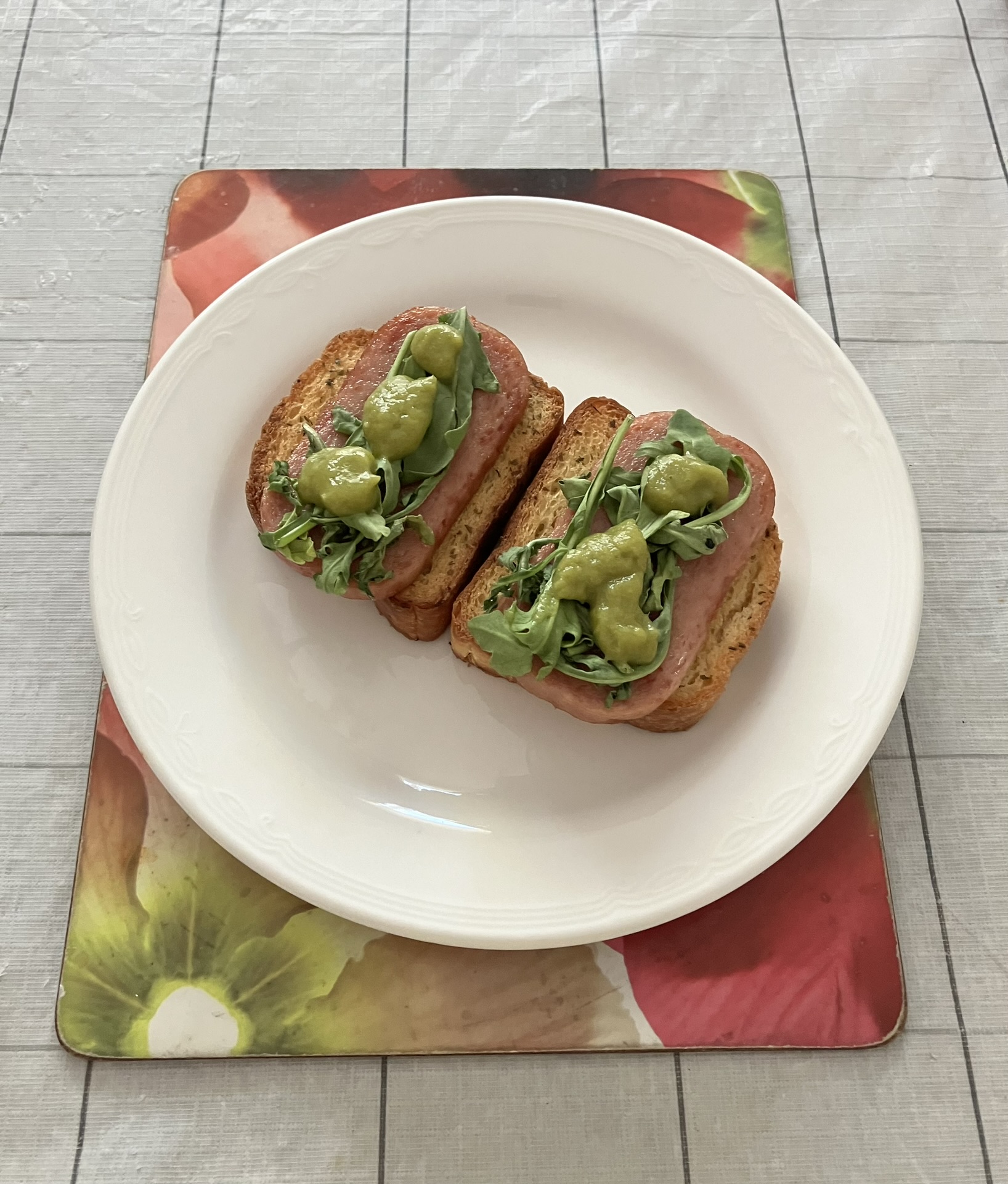 Spam meat rocket leaves with asparagus puree on toasted pane di casa ...