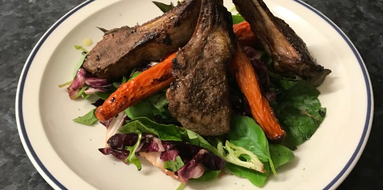 Lamb cutlets roasted carrots and salad