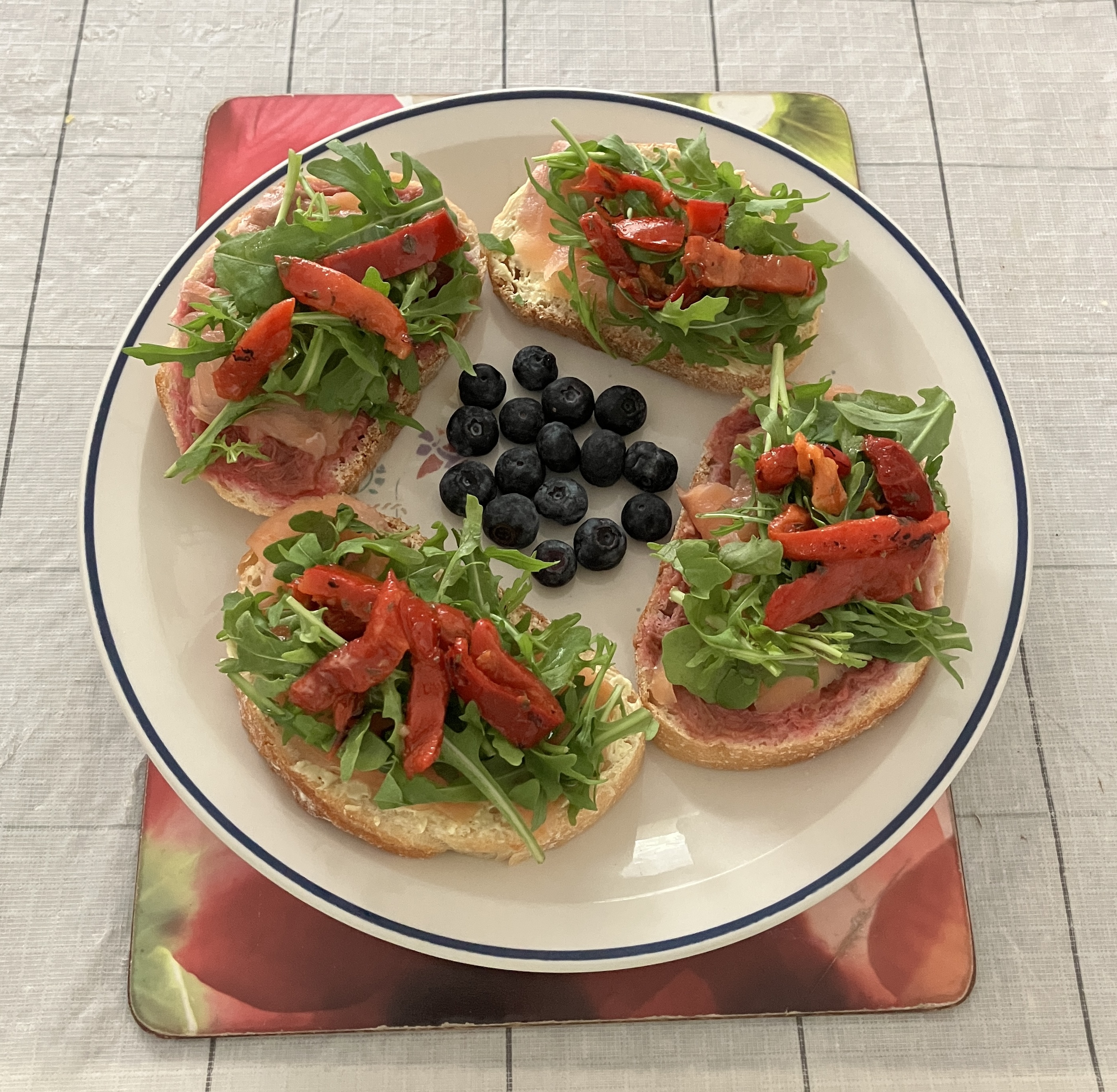 Salmon rocket salads marinated red capsicum on pane di casa with ...